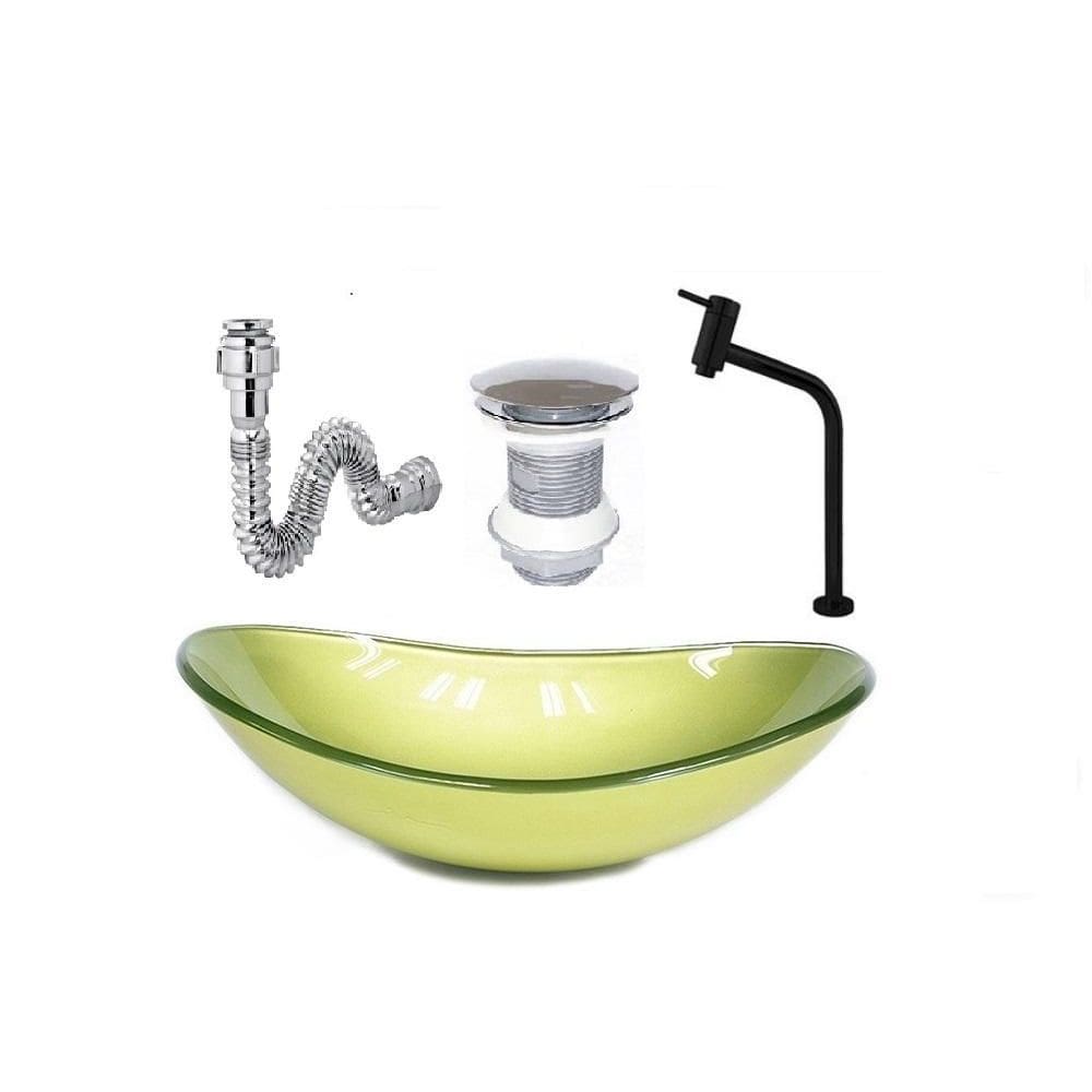 Cuba De Vidro Verde Oliva + Valvula + Torneira Preta + Sifao