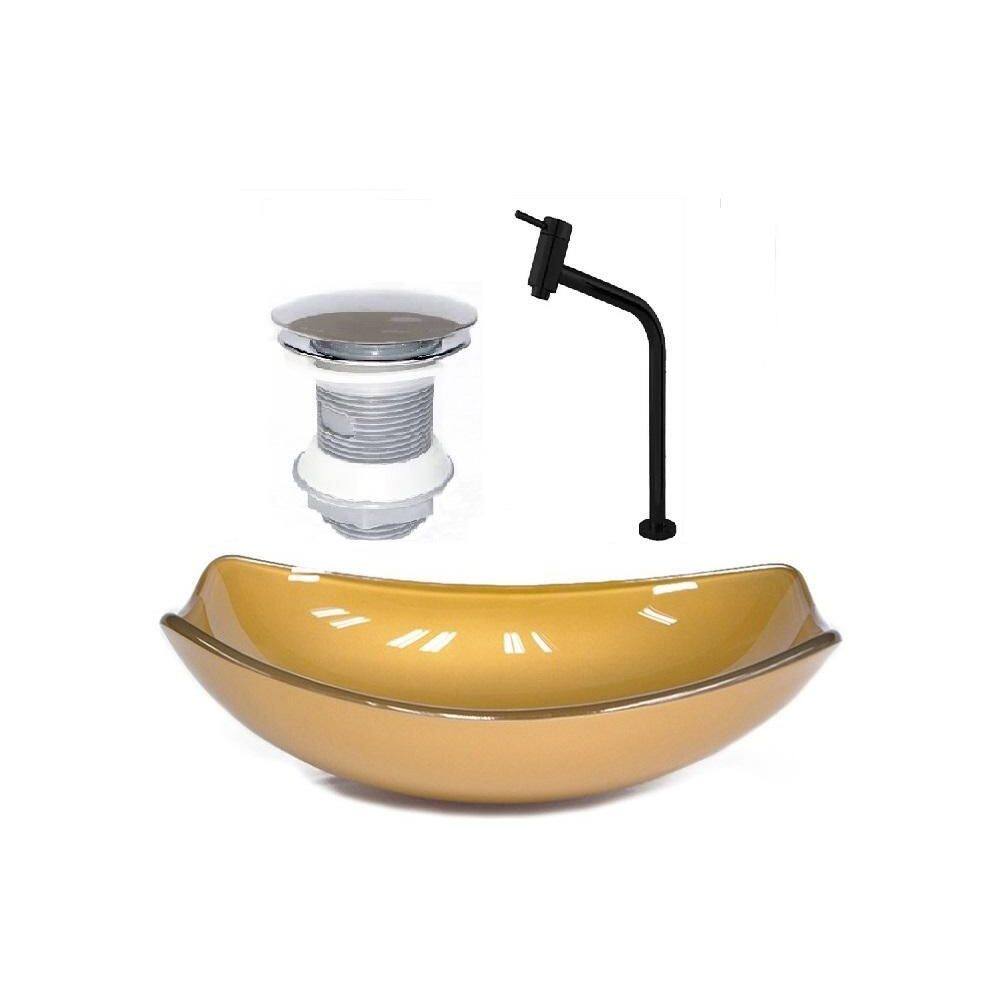 Cuba De Vidro Oval Chanfrada 51Cm Dourado Válvula Torneira