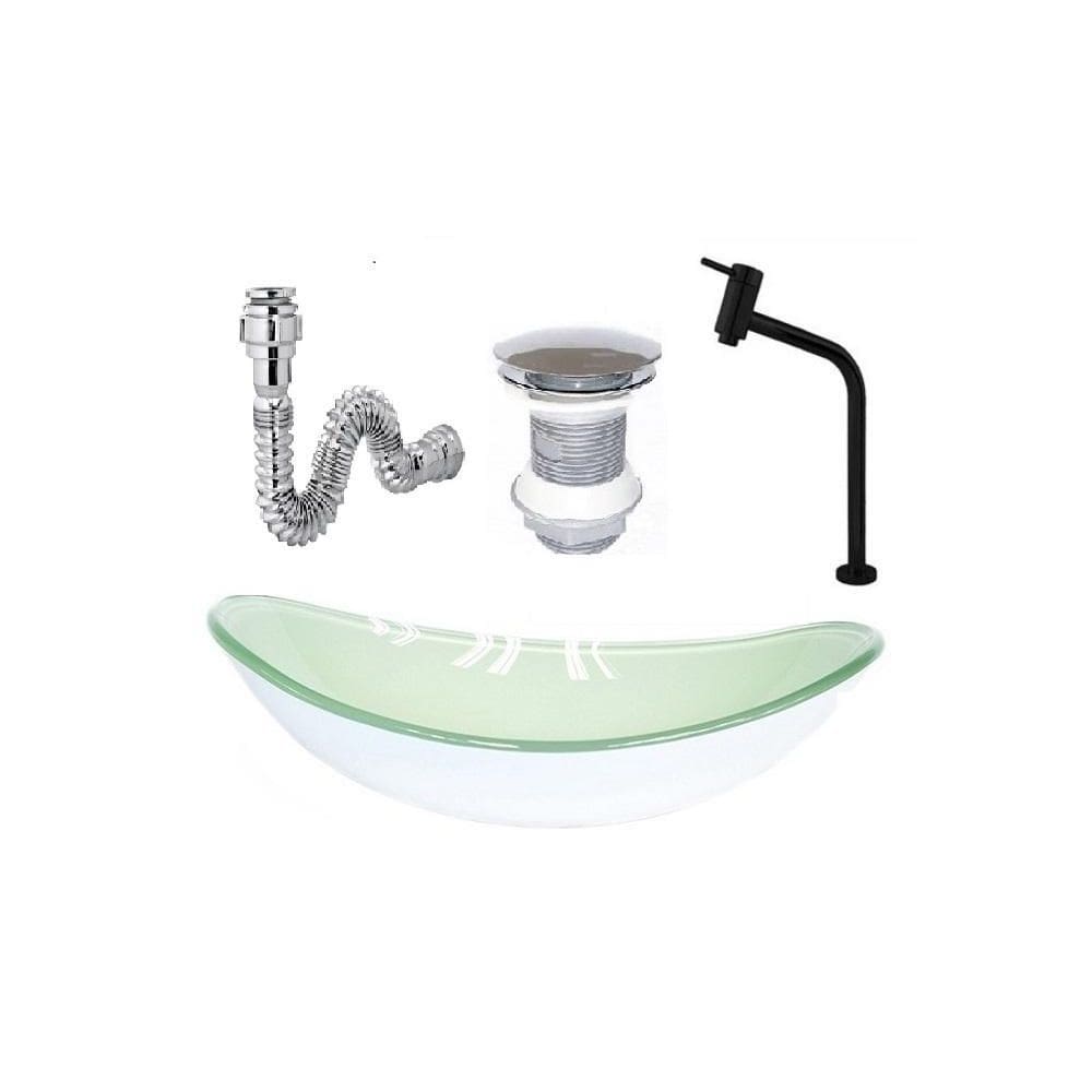 Cuba De Vidro Oval Branca + Valvula + Torneira Preta + Sifao