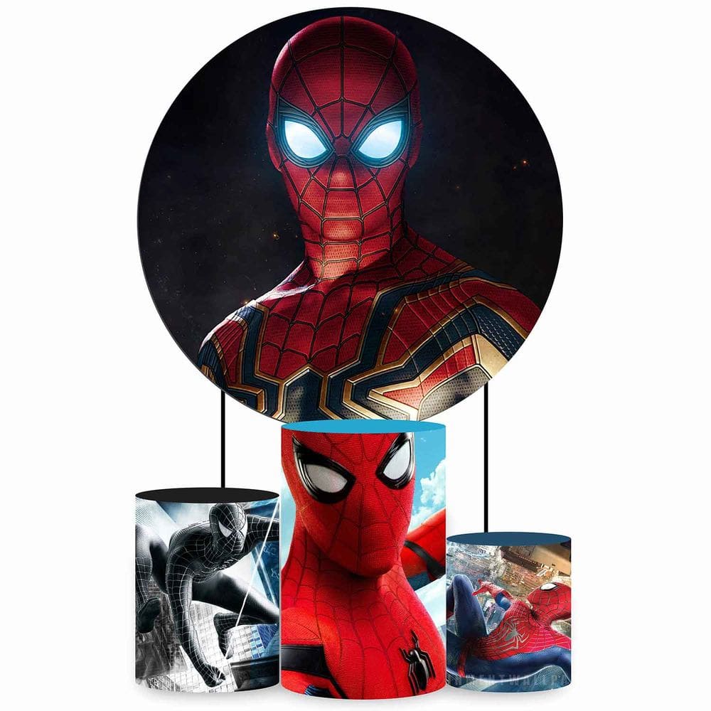 Kit Painel de Festa Redondo de 1,80m e Trio de Cilindros Homem Aranha - Fera Print