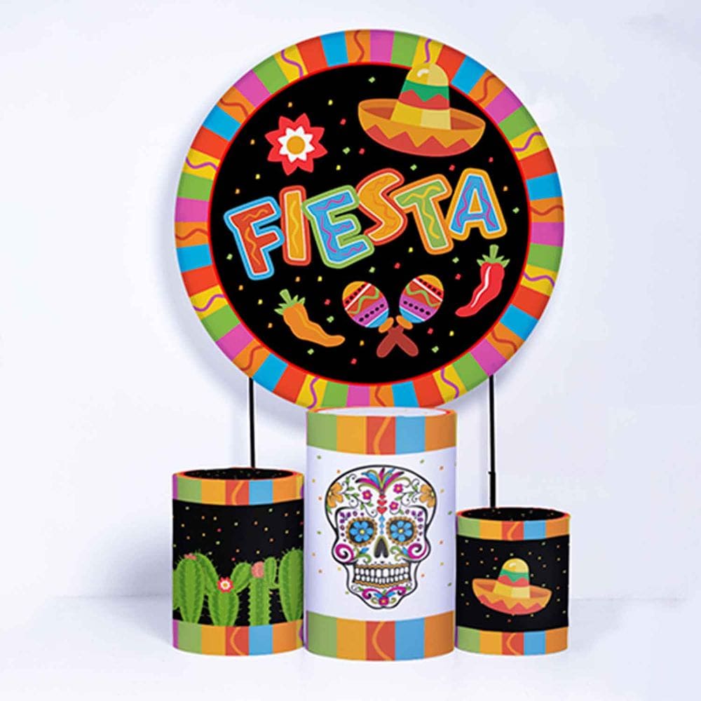 Kit Painel de Festa Redondo de 1,80m e Trio de Cilindros Fiesta - Fera Print