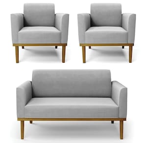 Sofá Namoradeira E 2 Poltronas Base Madeira Castanho Maressa Suede Cinza - Ibiza