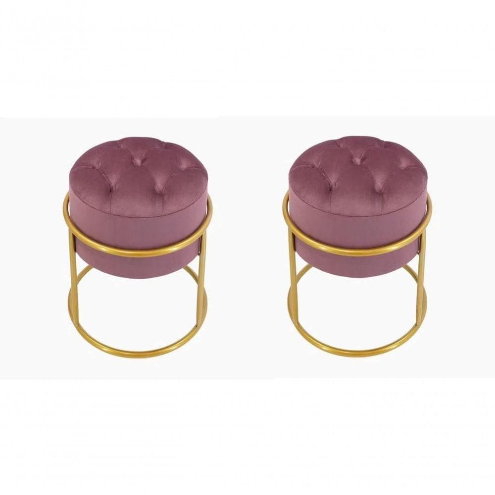 Kit 2 Puff Banqueta Estofado Decorativo Base De Ferro Capitonê Suede Rosê Do Lar Móveis E Decoração