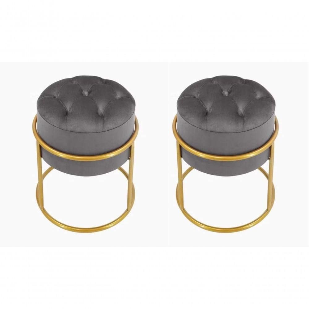 Kit 2 Puff Banqueta Estofado Decorativo Base De Ferro Capitonê Suede Grafite Do Lar Móveis E Decoração