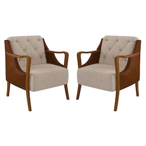 Kit 2 Poltronas Decorativas Para Sala De Estar Capitonê Lapa M22 Pu Camel/linho Cru - Mpozenato