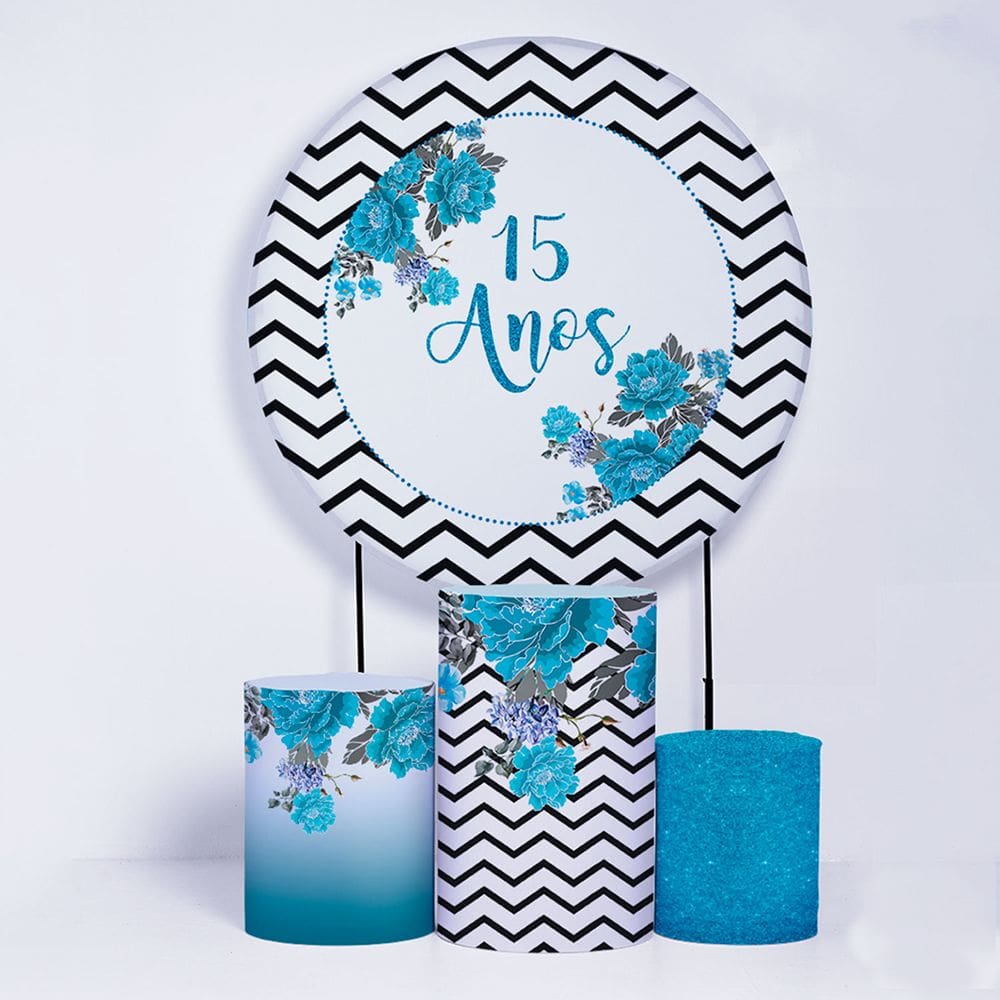 Kit Painel de Festa Redondo de 1,80m e Trio de Cilindros 15 Anos- Fera Print