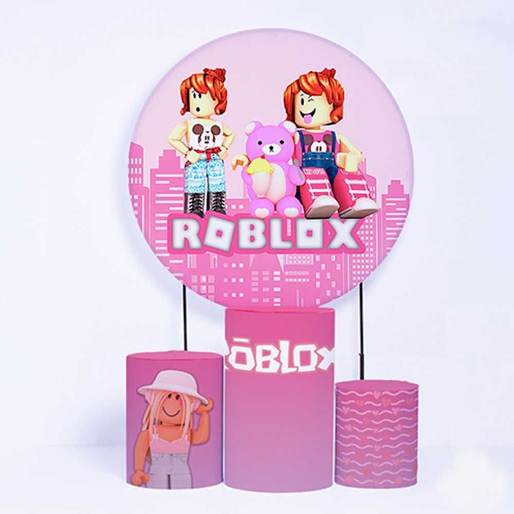 Kit Painel de Festa Redondo e Trio de Cilindros Roblox Feminino - Fera Print