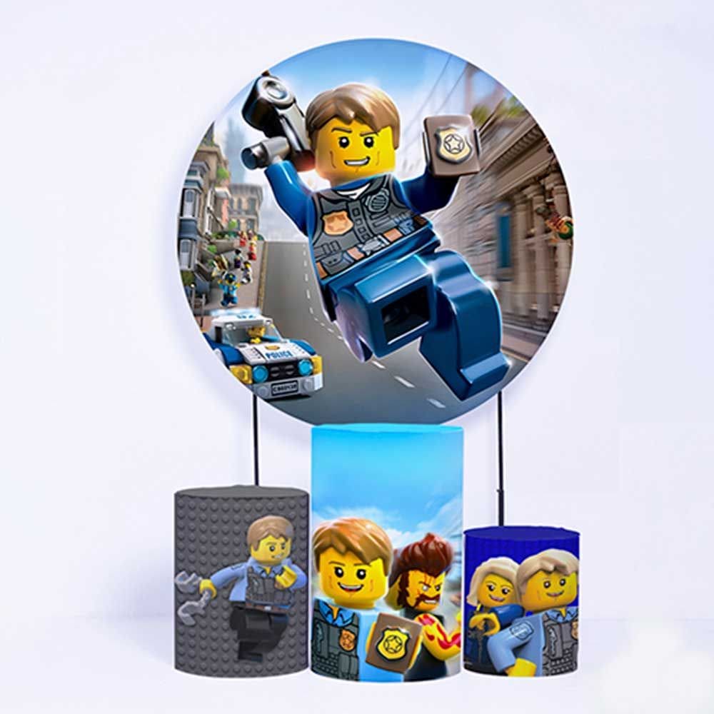 Kit Painel de Festa Redondo de 1,50m e Trio de Cilindros Lego - Fera Print