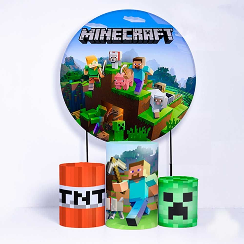 Kit Painel de Festa Redondo e Trio de Cilindros Mine Craft - Fera Print