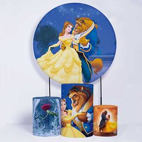 Kit Painel de Festa Redondo de 1,30m e Trio de Cilindros A Bela e a Fera - Fera Print