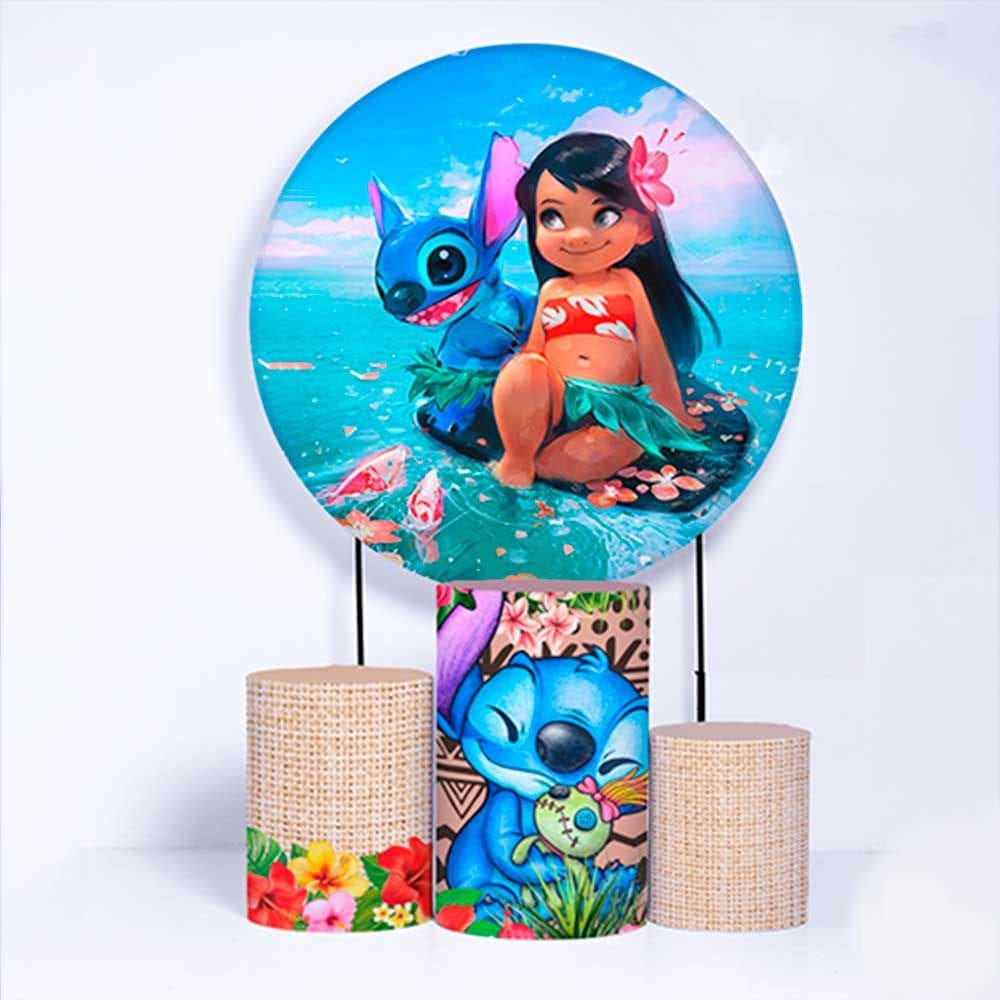 Kit Painel de Festa Redondo de 1,50m e Trio de Cilindros Lilo & Stitch - Fera Print