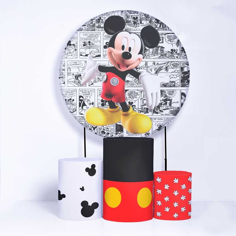 Kit Painel de Festa Redondo de 1,30m e Trio de Cilindros Mickey Mouse - Fera Print