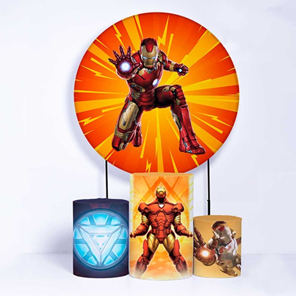 Kit Painel de Festa Redondo de 1,50m e Trio de Cilindros Homem de Ferro - Fera Print