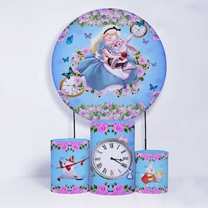 Kit Painel de Festa Redondo de 1,30m e Trio de Cilindros Alice no País das Maravilhas - Fera Print
