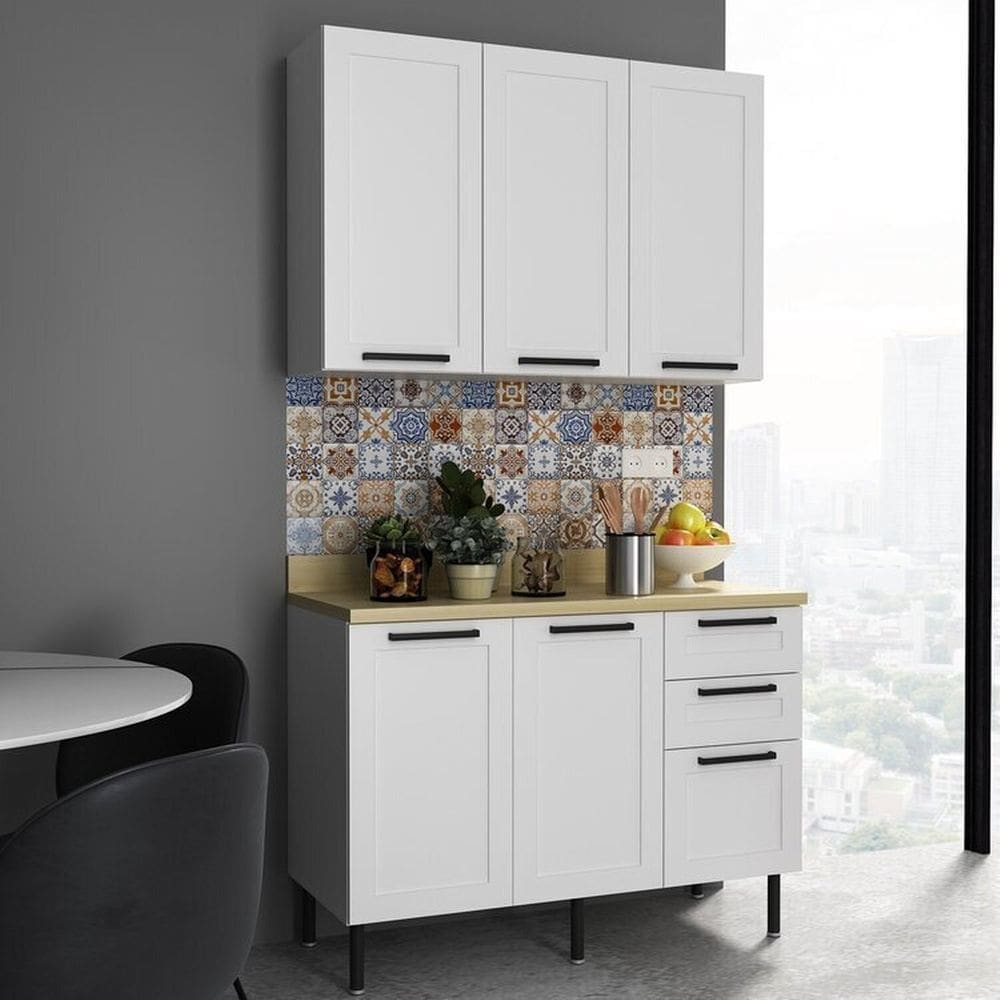 Cozinha Internacional 120cm 3 Peças, 5 Portas e 3 Gavetas Branca