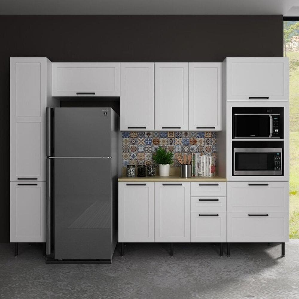 Cozinha Internacional 200cm 5 Peças, 9 Portas e 5 Gavetas Branco