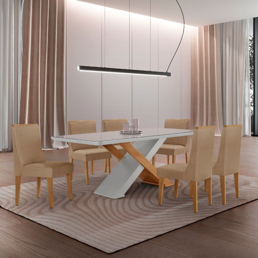 Conjunto Sala de Jantar Mesa 180cm com Vidro Imperatriz 6 Cadeiras Dakota em MDF Rufato