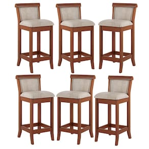 Kit 6 Banquetas Média Estofada Encosto Mônaco 36x90Cm Madeira Maciça Linho Bege M58