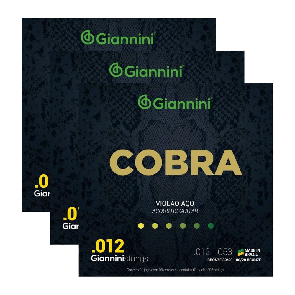 Kit 3 Encordoamento Violão Giannini Aço Cobra Bronze CA82L 80/20 0.012”