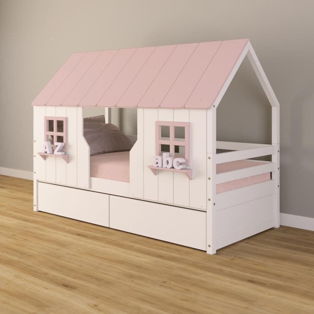 Cama Casinha Encantada com 02 Gavetas Madeira Maciça Branco/ Rosa Housin