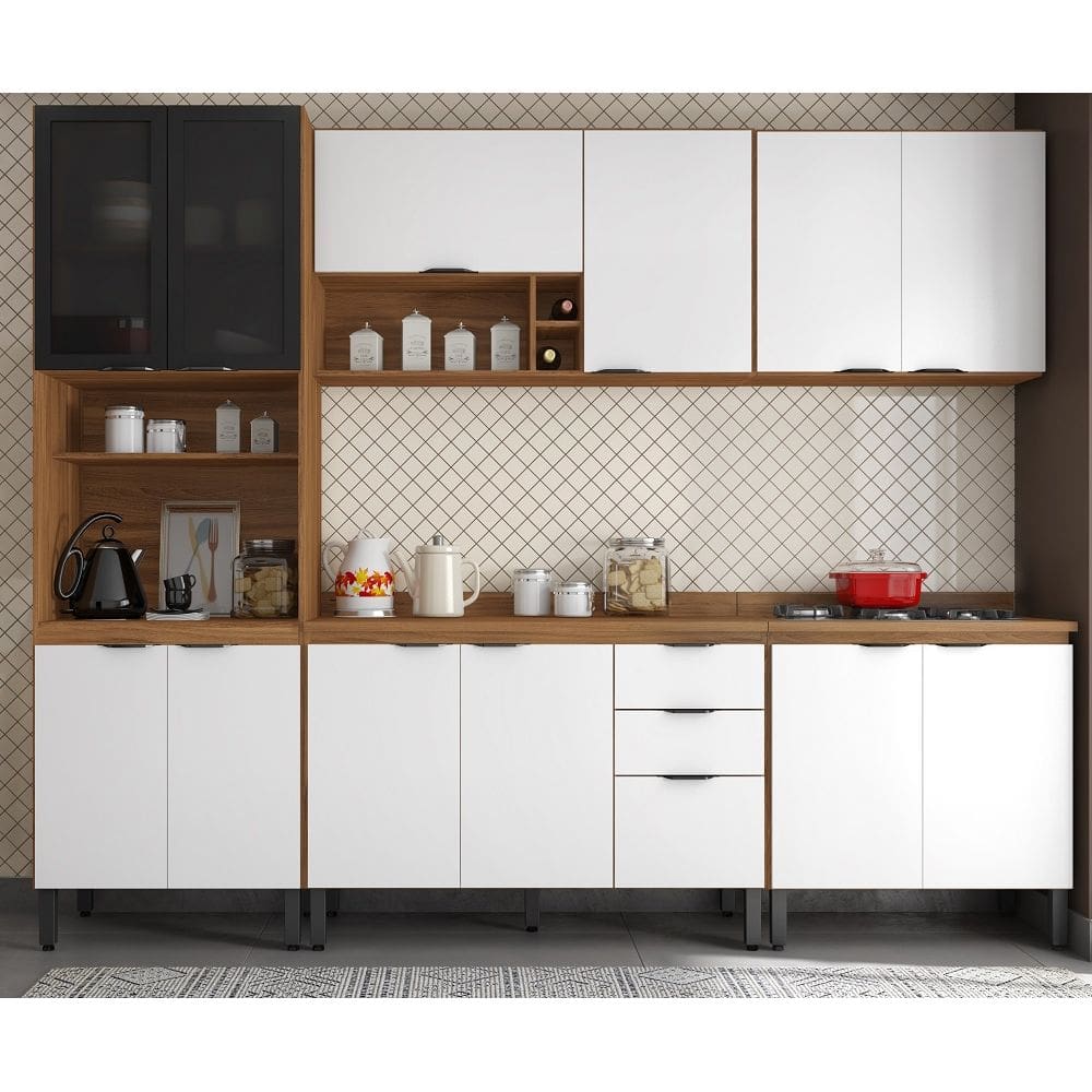 Jogo de Cozinha Firenze Modulada 6 peças e Nicho Adega - Amêndola Touch/Branco Demóbile