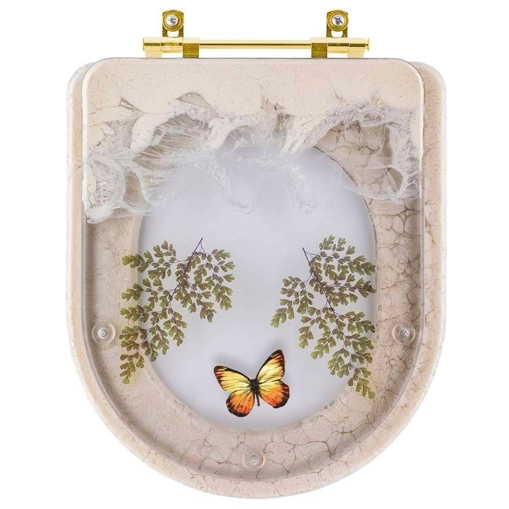 Assento Sanitario Poliester Decorado Borboleta Amarela Carrara Bege Claro Para Vaso Deca Com Ferragem Dourada