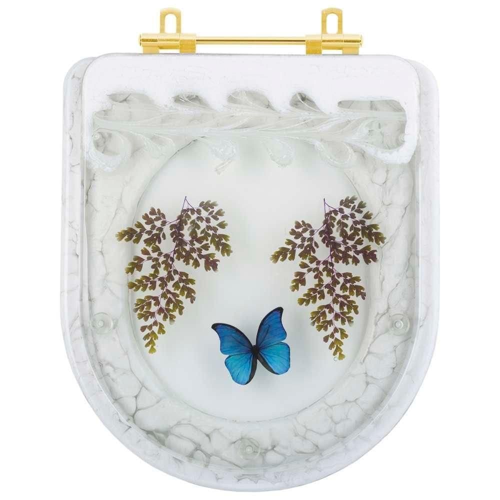 Assento Sanitario Poliester Decorado Borboleta Azul Carrara Para Vaso Deca Com Ferragem Dourada