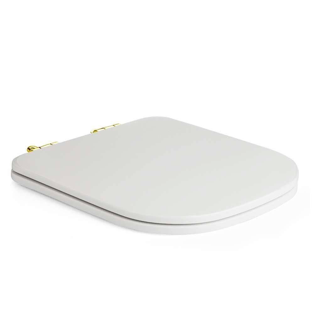 Assento Poliester Soft Close Piano Branco Para Vaso Deca Com Ferragem Dourada