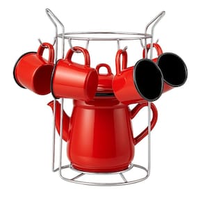 Conjunto Suporte Cromado, Bule Esmaltado 1000ml e 4 Mini Canecas - Tuut
