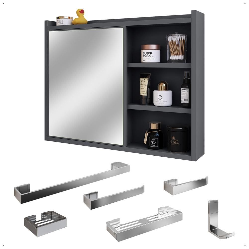 Espelheira Superior Luxo Armarinho 1 Porta Prateleira Kit Banheiro Completo 6 Peças Aço Inox Premium