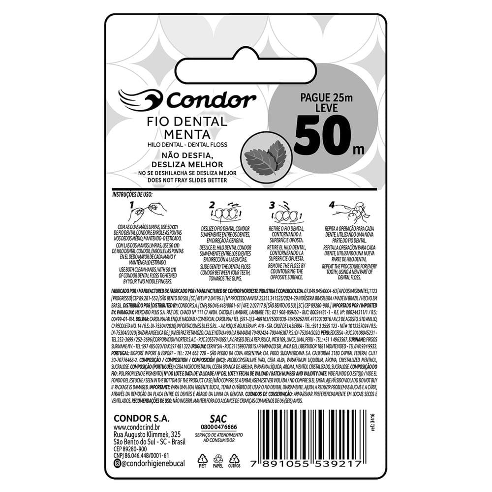Fio Dental Menta Condor Leve 50m Pague 25m