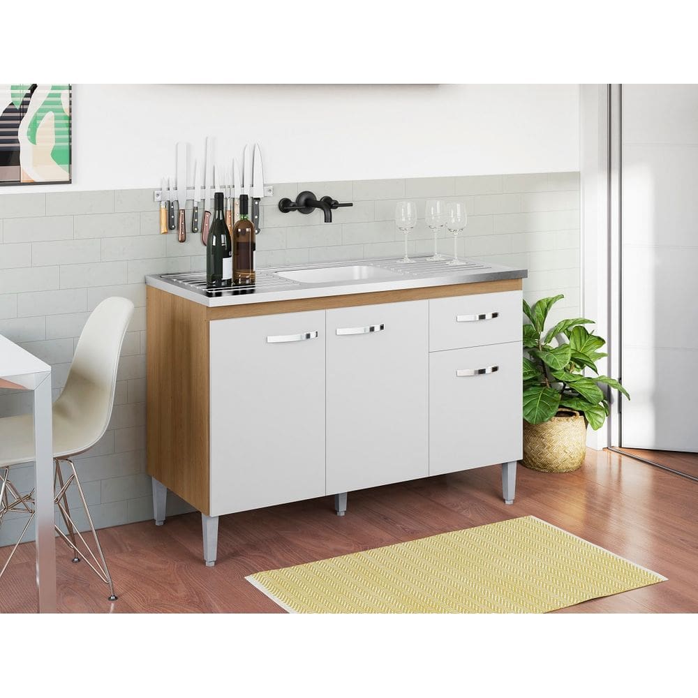 Balcão Armário de Cozinha Gabriela 120cm Amêndoa/Branco S/Tampo - AJL Móveis