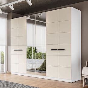 Guarda-Roupa Casal Lisboa 6 Portas 4 Gavetas com Espelho Branco/Creme - Politorno