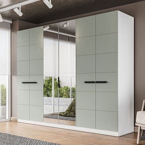 Guarda-Roupa Casal Lisboa 6 Portas 4 Gavetas com Espelho Branco/Verde - Politorno