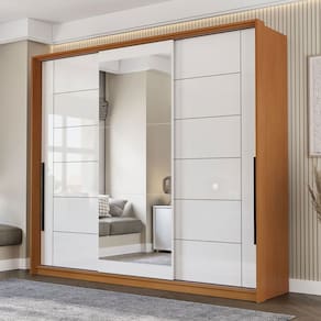 Guarda-Roupa Casal Lisboa 3 Portas 4 Gavetas com Espelho Freijó/Branco - Politorno