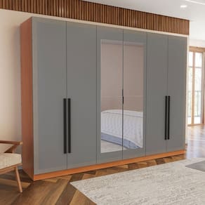 Guarda-Roupa Valência 6 Portas 4 Gavetas com Espelho Freijó/Cinza - Politorno