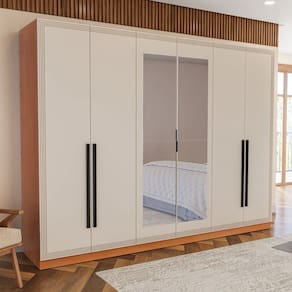 Guarda-Roupa Valência 6 Portas 4 Gavetas com Espelho Freijó/Creme - Politorno