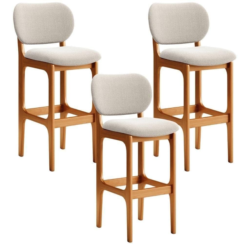 Kit 03 Banquetas Alta Bar Cozinha Sala Jantar Fixa Betta L02 Imbuia Bouclê Creme - Lyam Decor