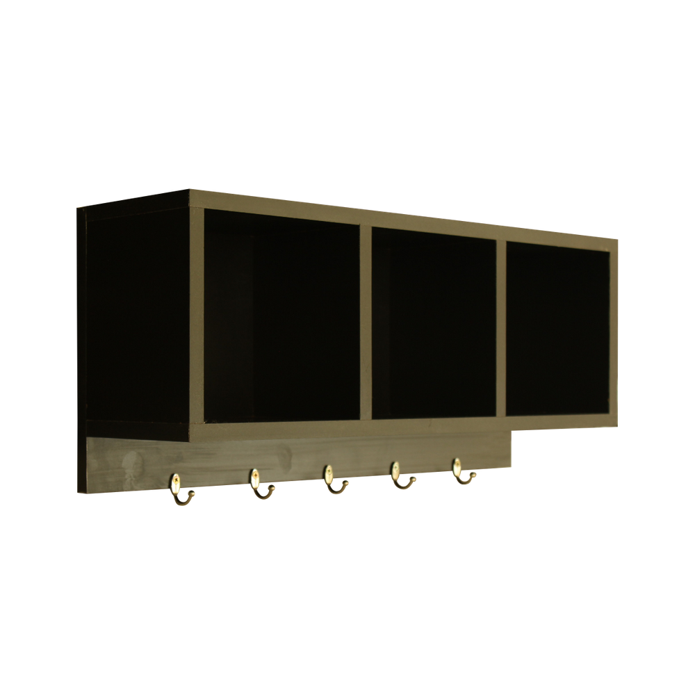 Nicho 3 Divisórias Prateleira com Ganchos Decorativo Porta Chaves Quarto Preto 60x26x15cm