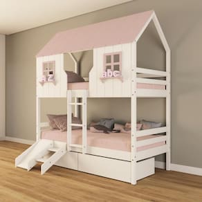 Beliche Casinha Encantada com 02 Gavetas Kit Escada/ Escorregador Madeira Maciça Branco/ Rosa Housin