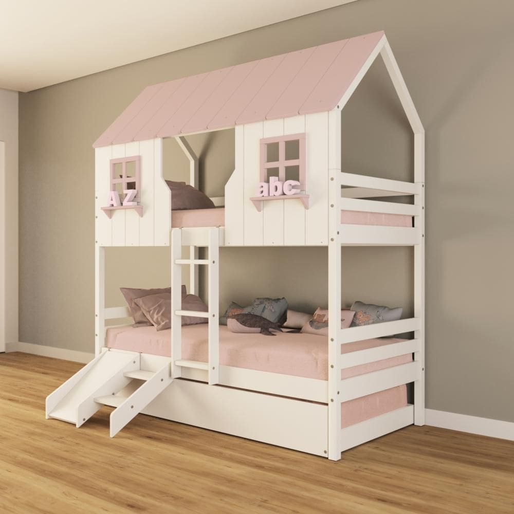 Treliche Casinha Encantada com Kit Escada/ Escorregador Madeira Maciça Branco/ Rosa Housin