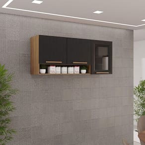 Armário Aéreo New Valência 3 Portas Vidro Fumê Salleto Cinamomo Com Preto