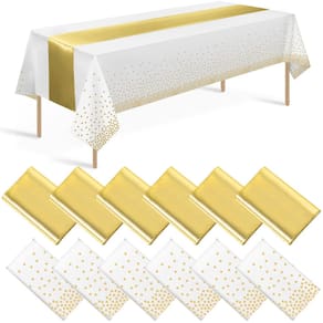 Conjunto de toalhas de mesa e corredores de mesa Zachely branco/dourado (pacote com 12)