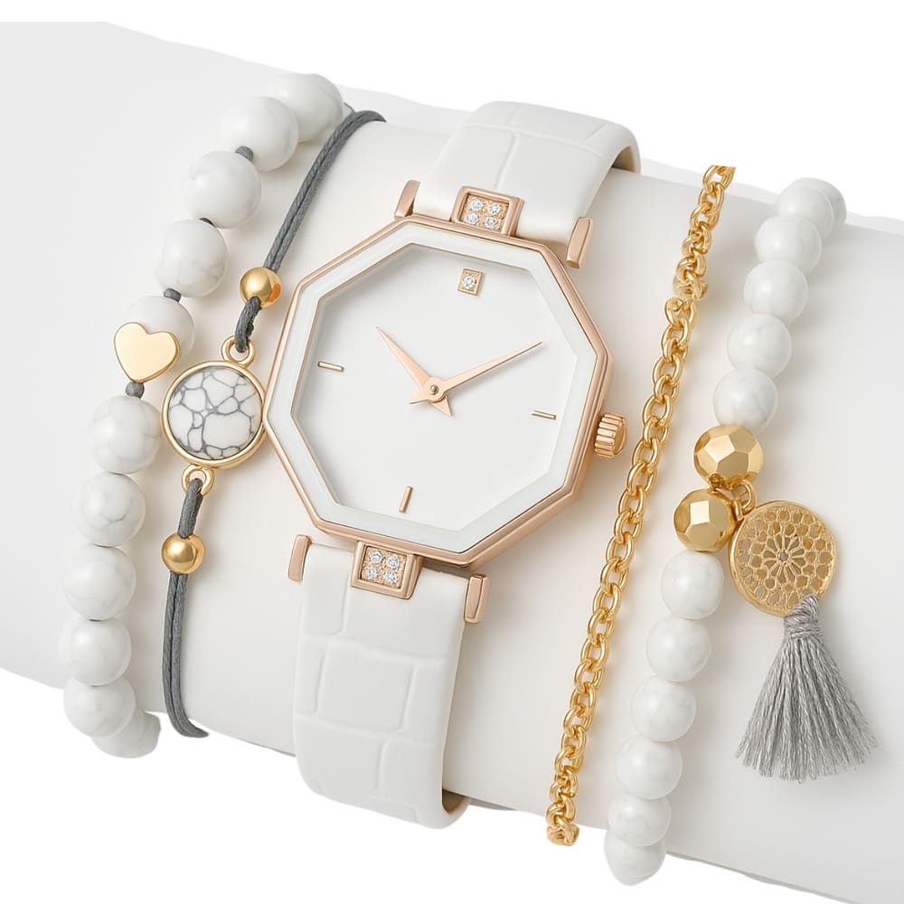 Relógio Feminino Branco Minimalista + Kit Acessórios Pulseiras