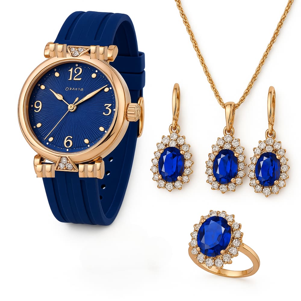 Relógio Feminino Azul Dourado Luxo + Kit Acessórios