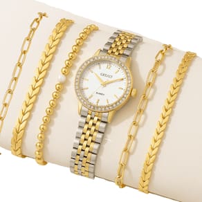 Relógio Feminino Luxo Dourado Prateado + Kit Pulseiras