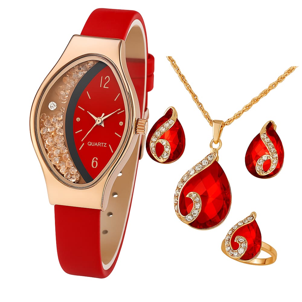 Relógio Feminino Luxo Vermelho Minimalista + Kit Acessórios