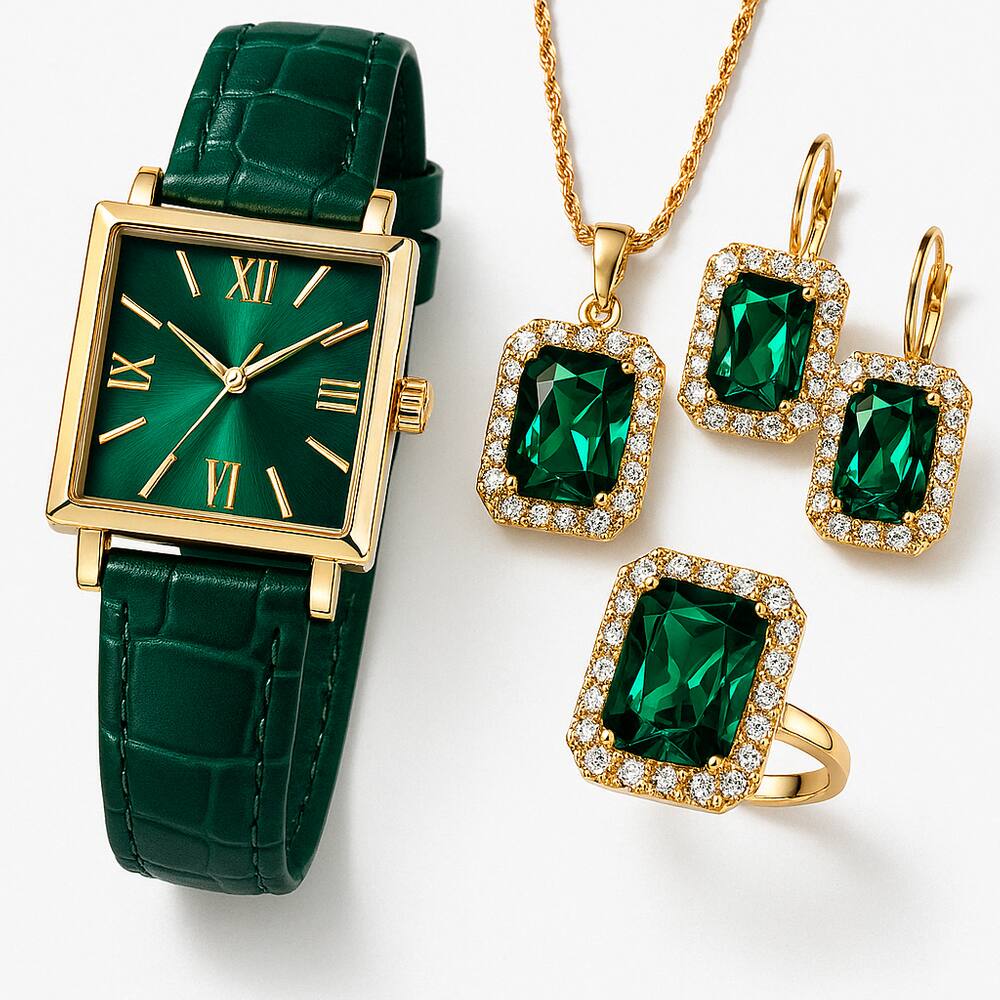 Relógio Feminino Alto Luxo Verde Minimalista + Kit Acessórios
