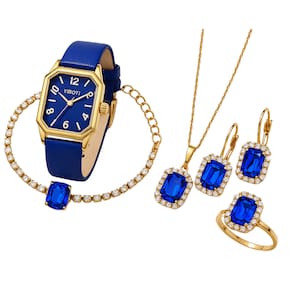 Relógio Feminino Azul Alto Luxo + Colar Brinco Anel
