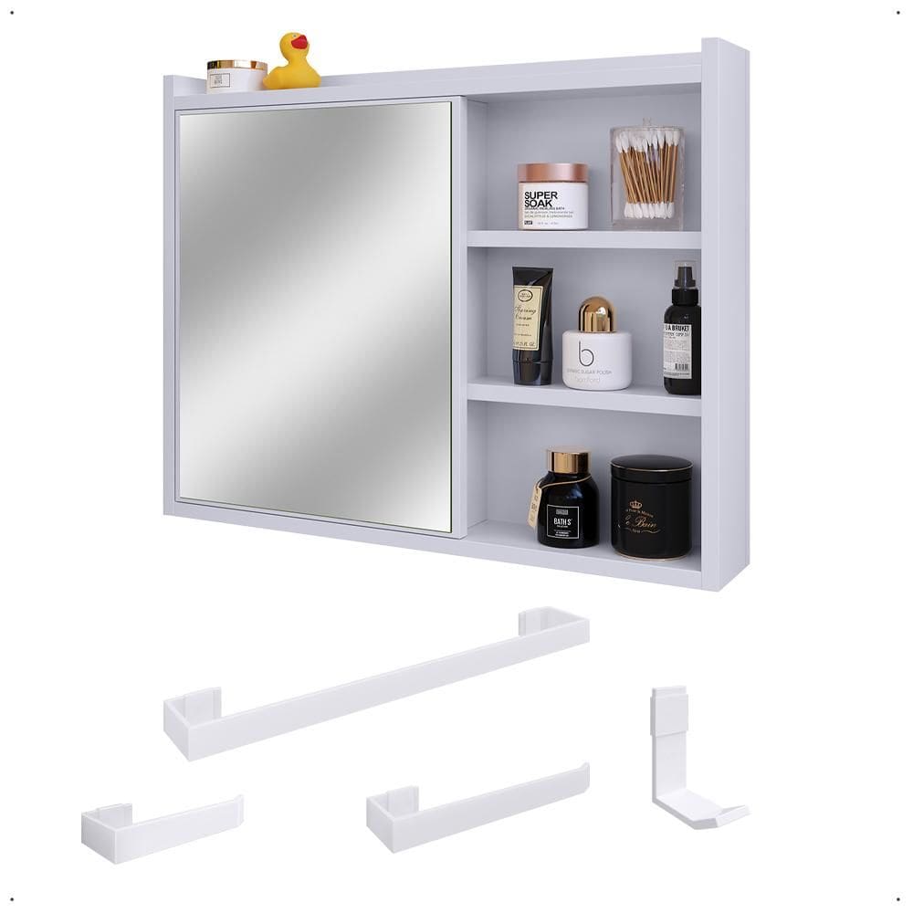 Espelheira Suspensa Armarinho Banheiro Espelho 1 Porta Kit Acessório Completo 4 Peças Metal Aço Inox
